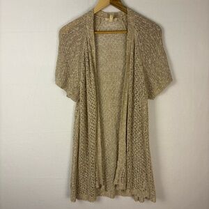 Eileen Fisher Tan Open-Front Knit Crochet Cardigan Sweater